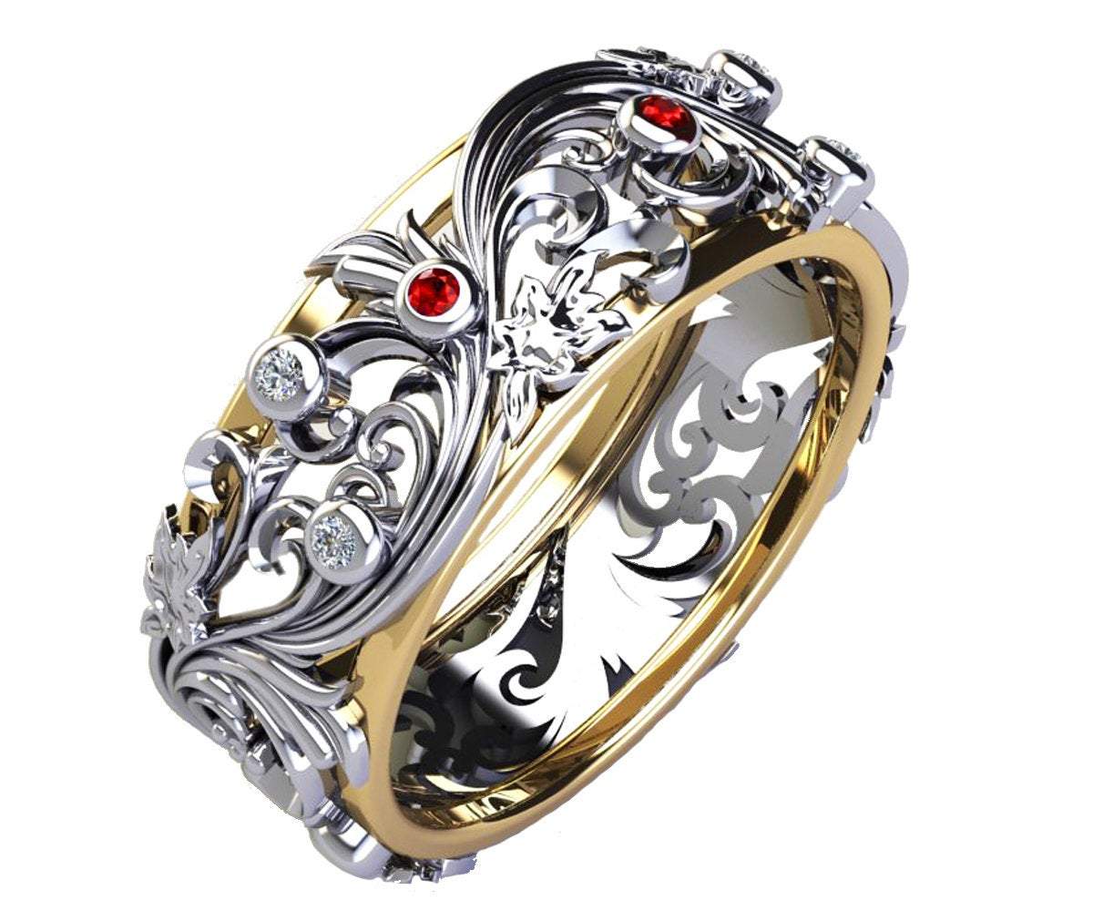 2 Tone Band Ring, Ruby Diamond Band, Flower Band Ring, Floral Ruby Eternity Band, Floral Engraved Ring, Floral Jewellery, Floral Ring Band