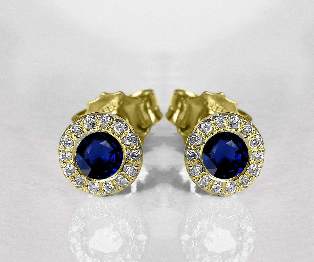 Sapphire Studs Halo Earrings surrounded with Diamonds Birthday Gift Minimalist Earrings Sunflowers Earrings 14K or 18K White gold