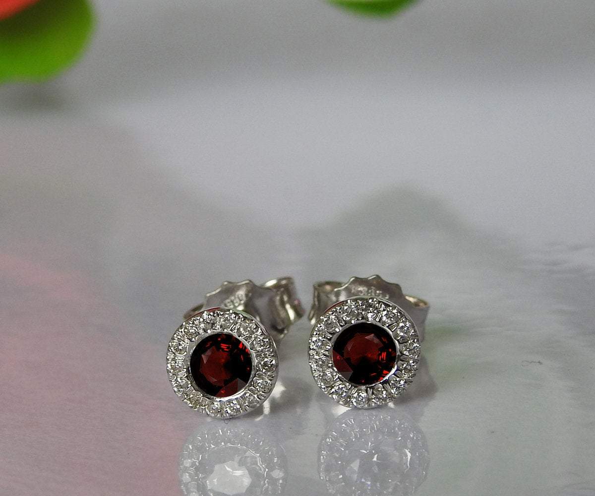 Ruby Studs Halo Earrings surrounded with Diamonds Birthday Gift Minimalist Earrings Sunflowers Earrings 14K or 18K White gold