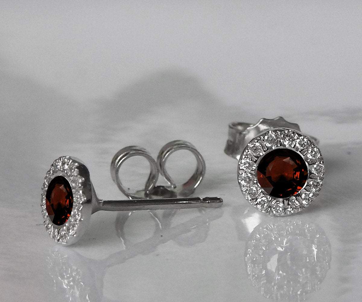 Ruby Studs Halo Earrings surrounded with Diamonds Birthday Gift Minimalist Earrings Sunflowers Earrings 14K or 18K White gold
