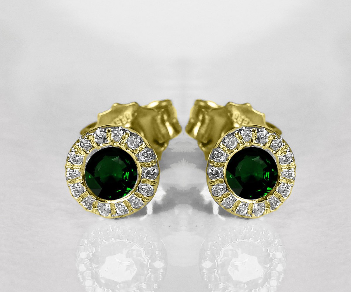 Emerald Studs Halo Earrings surrounded with Diamonds Birthday Gift Minimalist Earrings Sunflowers Earrings 14K or 18K White gold