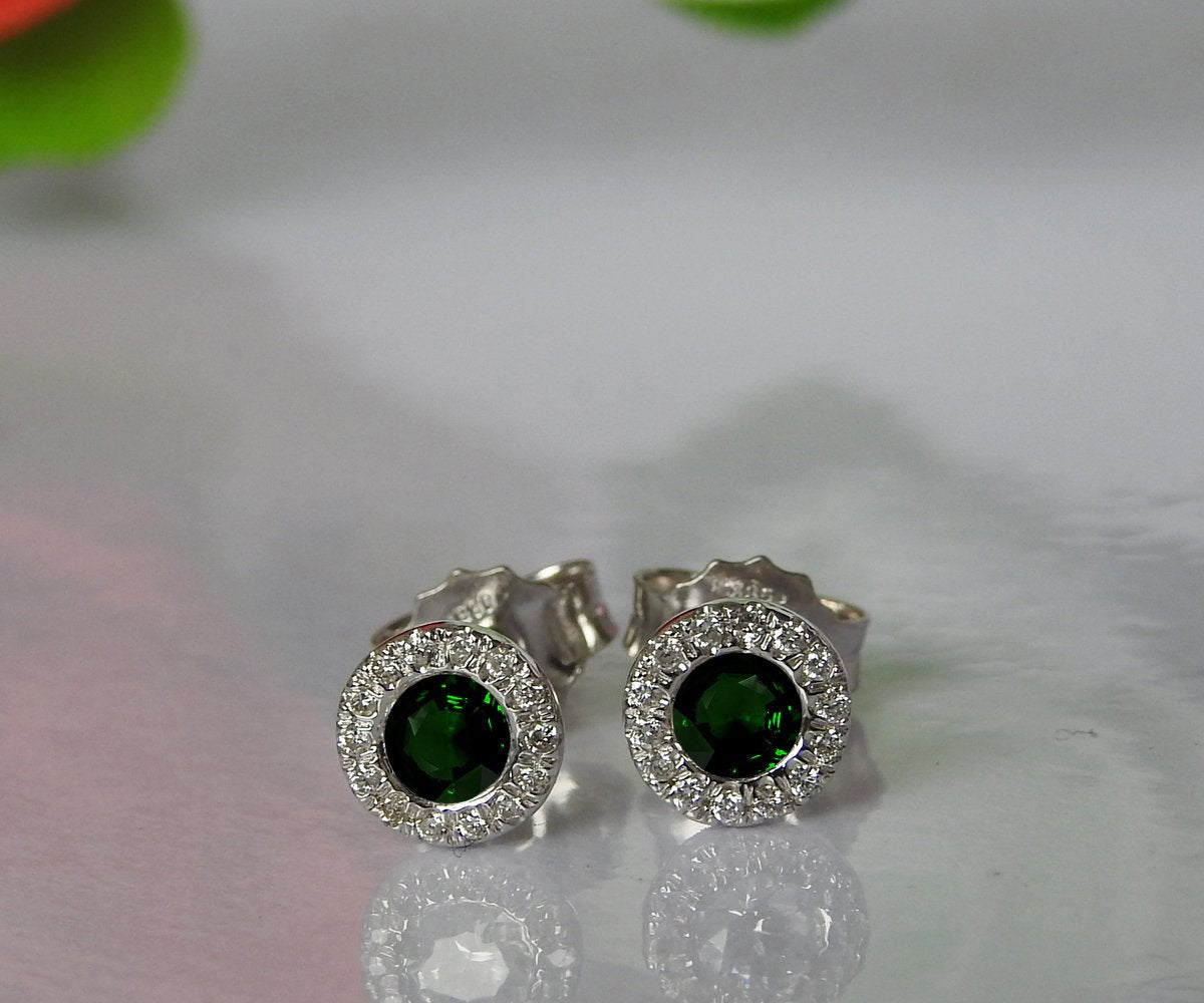Emerald Studs Halo Earrings surrounded with Diamonds Birthday Gift Minimalist Earrings Sunflowers Earrings 14K or 18K White gold