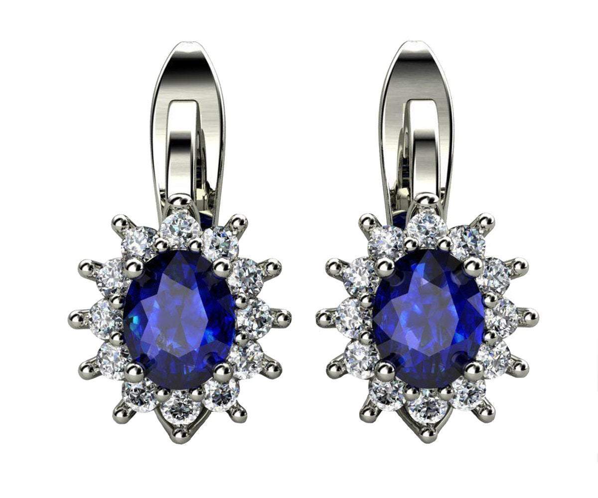Leverback Earrings Blue Sapphire Oval Shape Sapphires Avant Garde Wedding Earrings White Gold Earrings Art Nouveau Earrings in 14K 18K - Lianne Jewelry