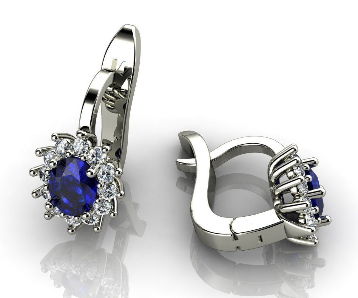 Leverback Earrings Blue Sapphire Oval Shape Sapphires Avant Garde Wedding Earrings White Gold Earrings Art Nouveau Earrings in 14K 18K