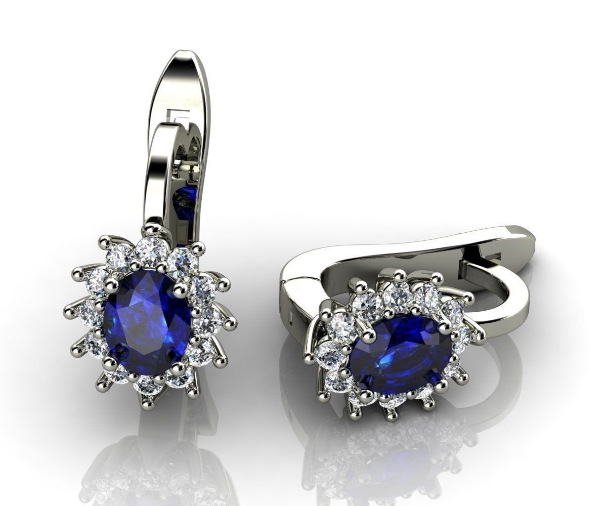 Leverback Earrings Blue Sapphire Oval Shape Sapphires Avant Garde Wedding Earrings White Gold Earrings Art Nouveau Earrings in 14K 18K