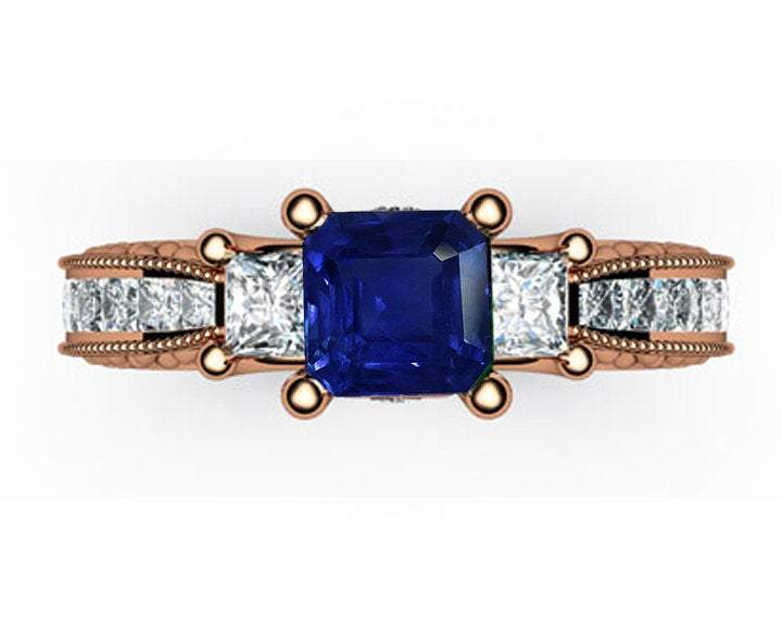 Vintage Sapphire Gold Unique Sapphire Diamond Engagement ring 3-stone Ring channel trellis Engraved 18K White Yellow or Rose gold Jewelry - Lianne Jewelry