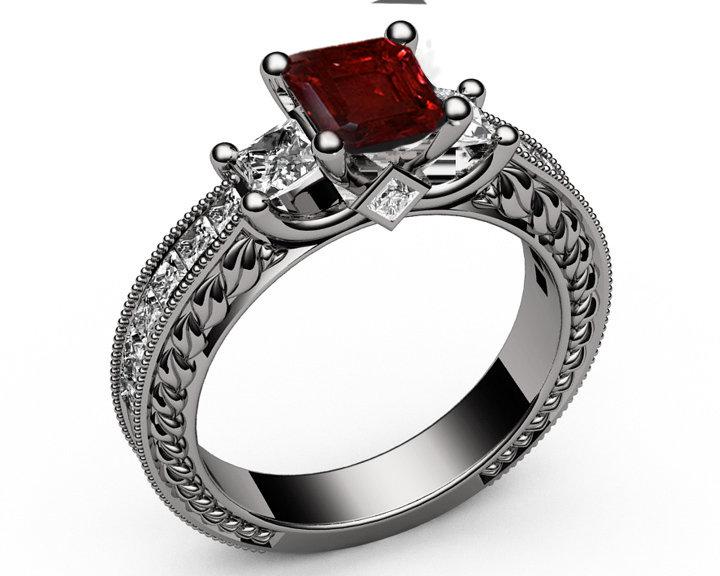 Ruby Gold ring Unique Ruby Diamond Engagement ring 3-stone Ring channel trellis Engraved 18K White Yellow or Rose gold Jewelry - Lianne Jewelry