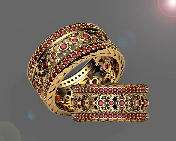 Milgrain Red Wedding Band Ring Eternity Ring Ruby Ring Anniversary Ring Wide Ring 122 stones  18K Yellow gold Anniversary Gift