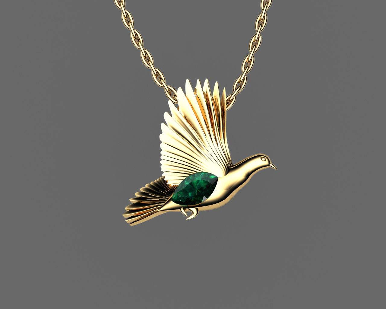 Bird Pendant, Gold Dove Pendant with Ruby Marquise, Wings Pendant, Peace Pendant, Anniversary Gift
