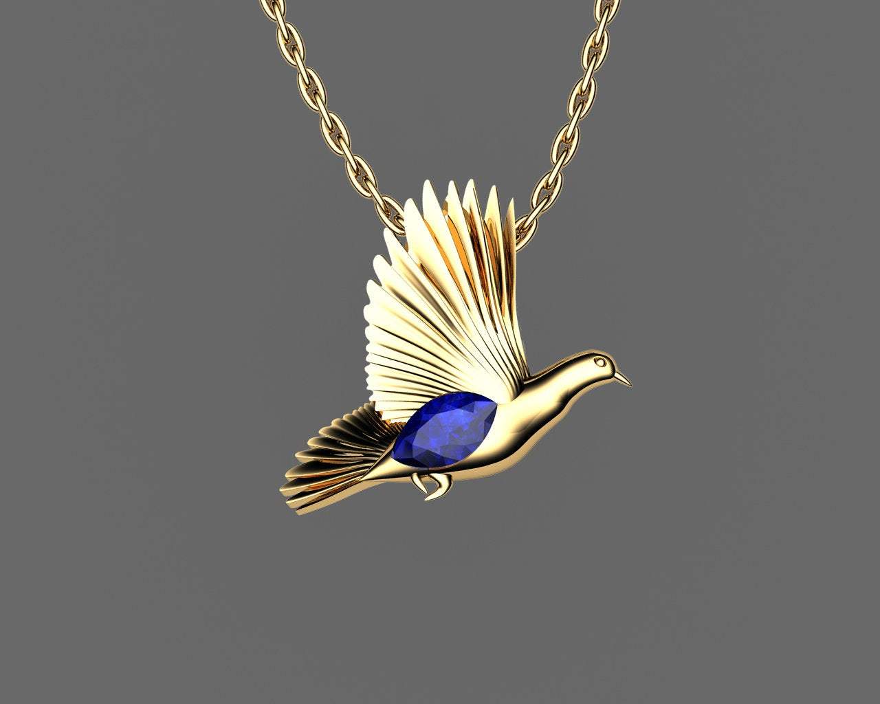 Bird Pendant Minimalist pendant 14K yellow gold Blue Pendant Wings Pendant Peace Bird Sapphire Pendant Marquise stone including chain