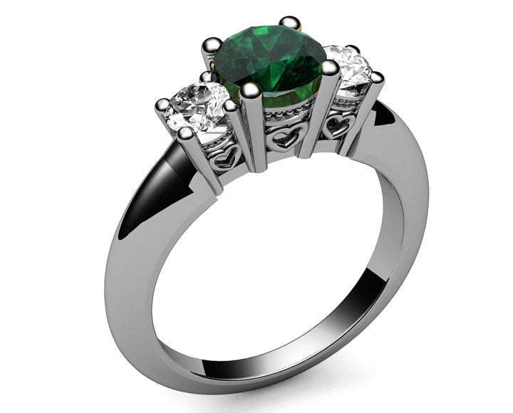 14K Gold Emerald 3 stone Ring, Unique Engagement Ring, Heart Filigree, Promise Ring, Love Ring for Your Love One