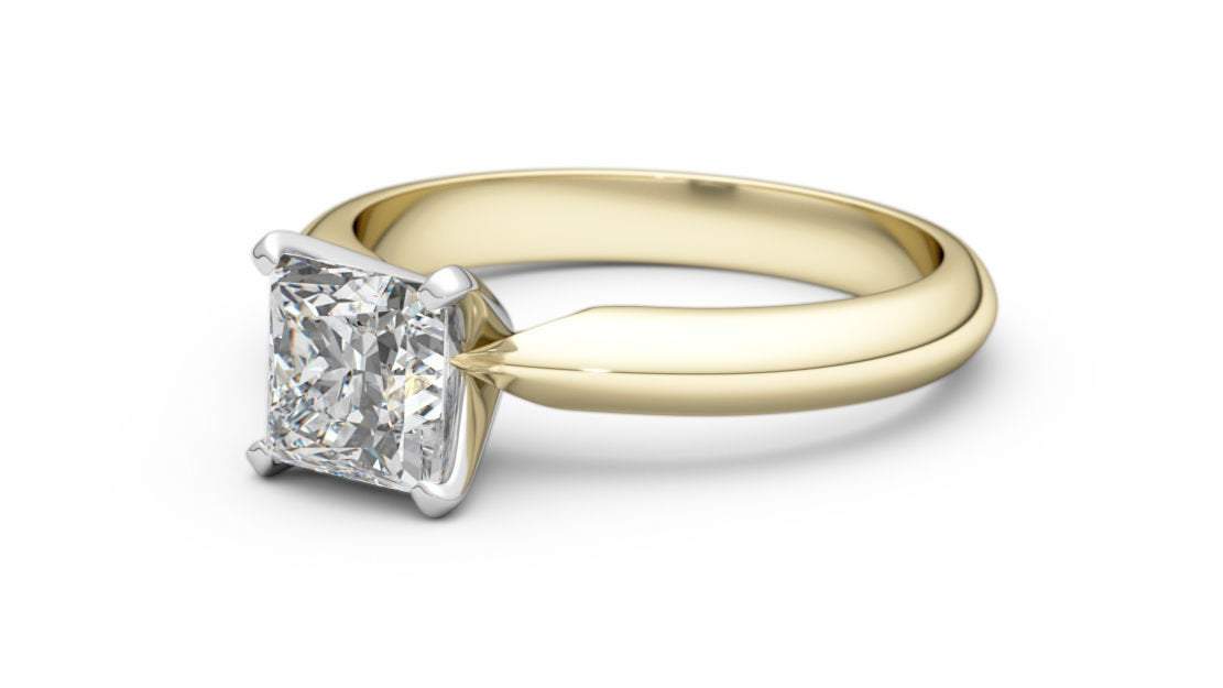 2 Tone Solitaire Engagement Ring with 1 carat Princess cut Square cut Minimalist Diamond Ring made in 14K or 18K white and Yellow gold