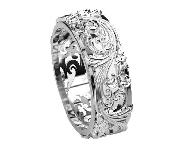 Silver Flower Wedding Band Filigree Ring Band Leaves Ring Twig Ring Milgrain Ring Wedding Ring Band in Silver