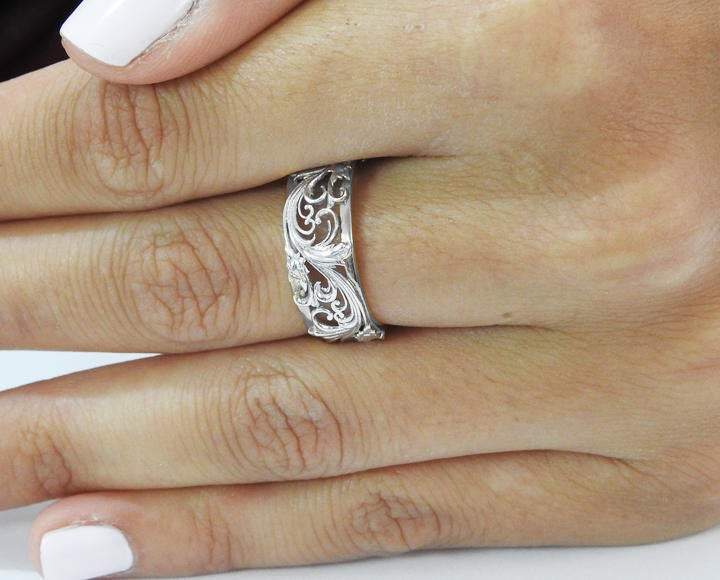 Silver Flower Wedding Band Filigree Ring Band Leaves Ring Twig Ring Milgrain Ring Wedding Ring Band in Silver