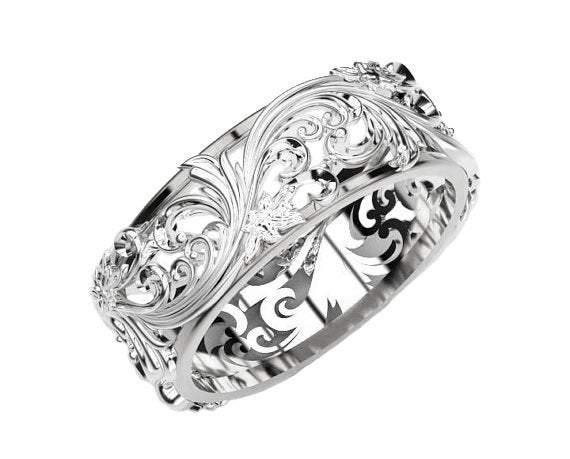 Silver Flower Wedding Band Filigree Ring Band Leaves Ring Twig Ring Milgrain Ring Wedding Ring Band in Silver