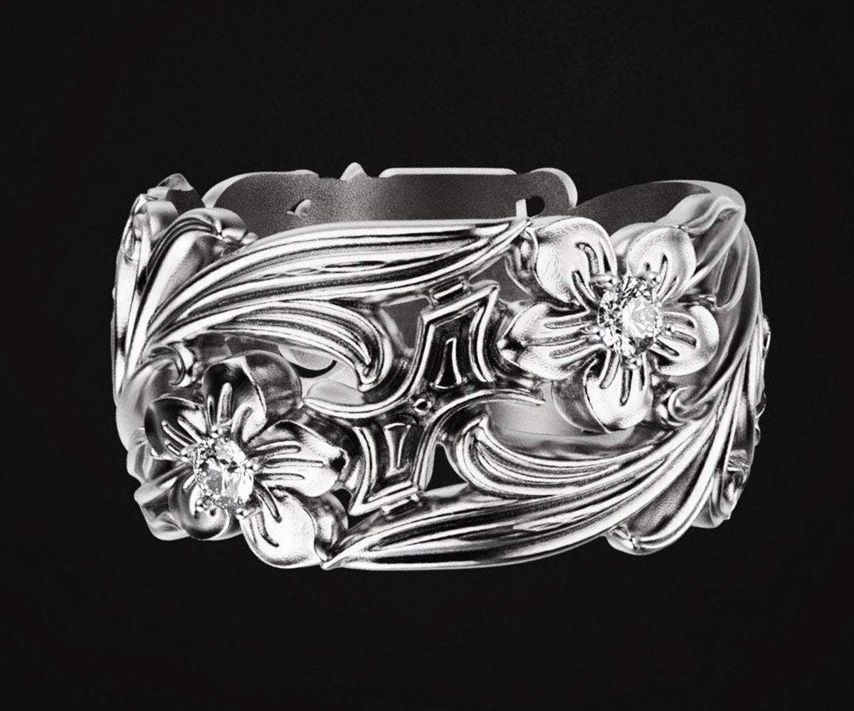 Flower Ring Band, Wedding ring band Plumeria Ring Filigree ring Flower band floral ring Anniversary Gift in 14K or 18K white gold