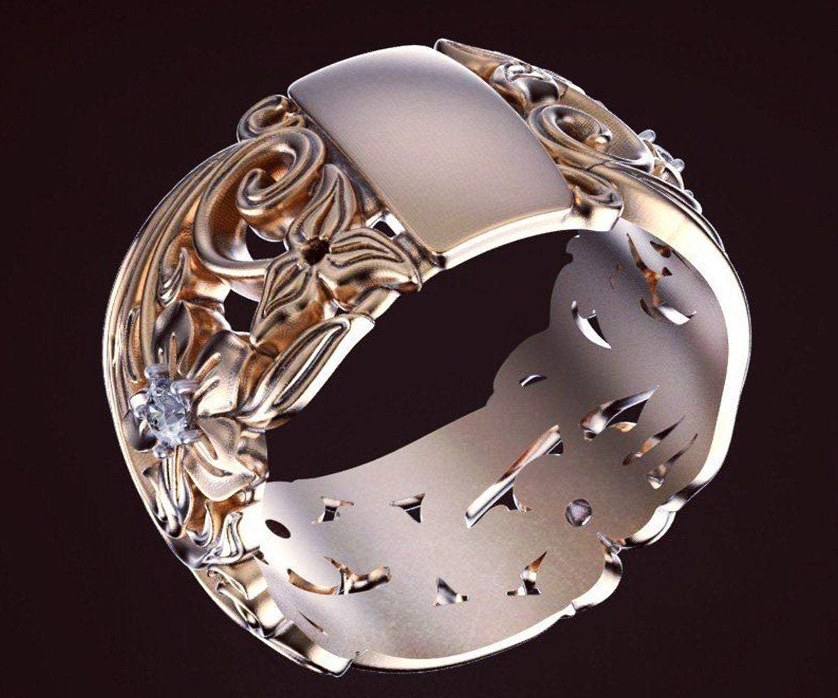 Flower Ring Band, Plumeria Wide Ring Filigree ring Wedding ring band ring Flower band floral ring Anniversary Gift in 14K or 18K yellow gold
