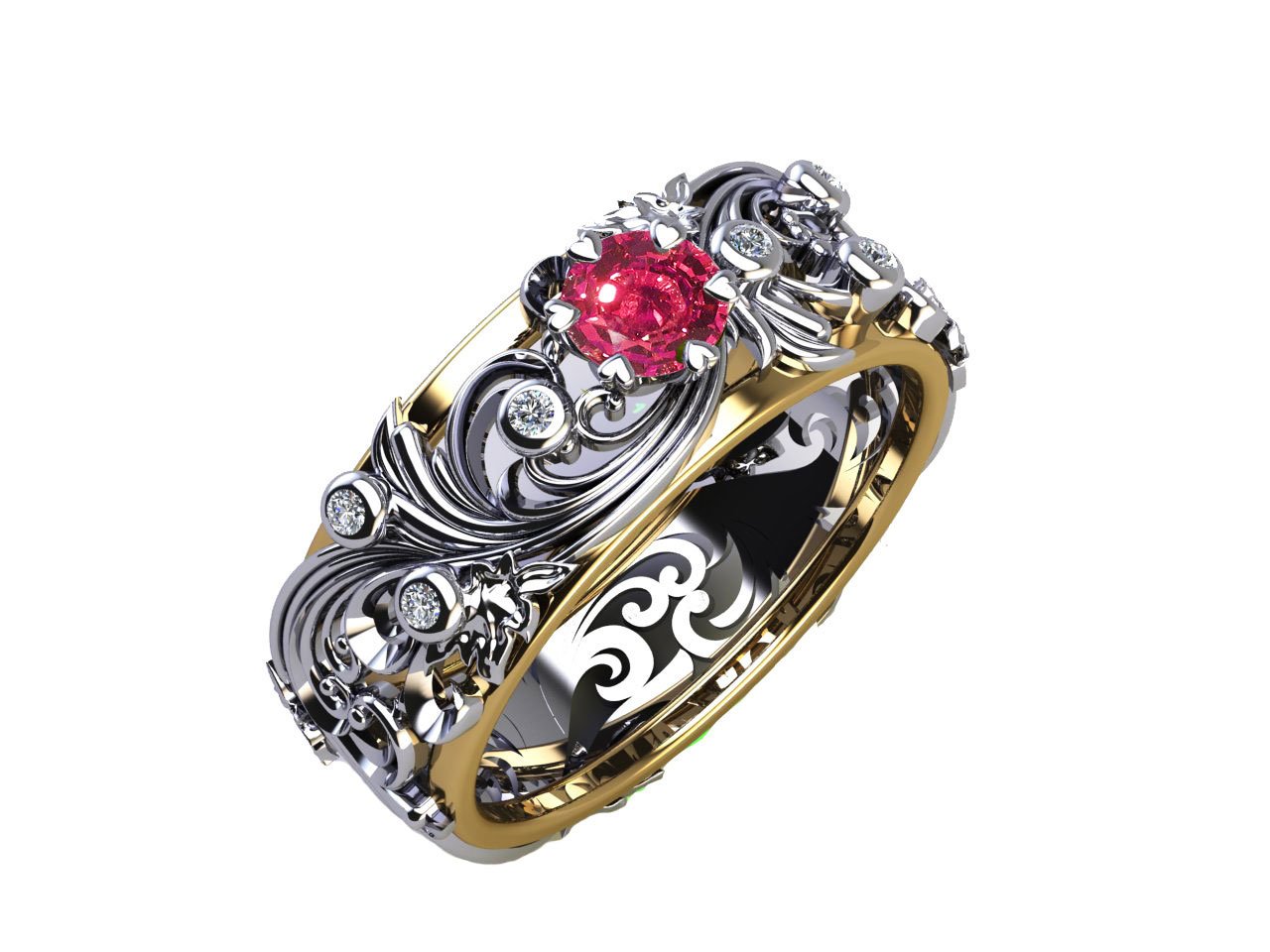 Floral Pink Band Ring, Flower Ring, Ring Silver, Diamond Ring, Milgrain Ring, Art Nouveau, unique Ring Engraved Ring Leaves Anniversary Ring