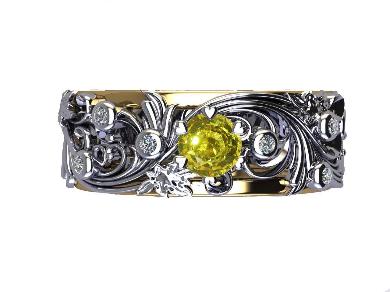 Floral Band Ring Yellow Stone Wedding Band Citrine Silver Edwardian Ring Accent Diamonds Milgrain Band Engraved Ring Flower Band, Leaf Ring