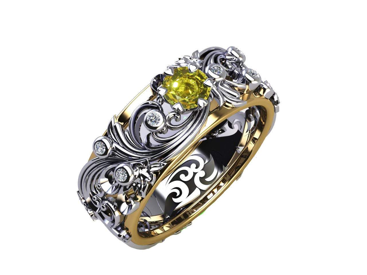 Floral Band Ring Yellow Stone Wedding Band Citrine Silver Edwardian Ring Accent Diamonds Milgrain Band Engraved Ring Flower Band, Leaf Ring - Lianne Jewelry