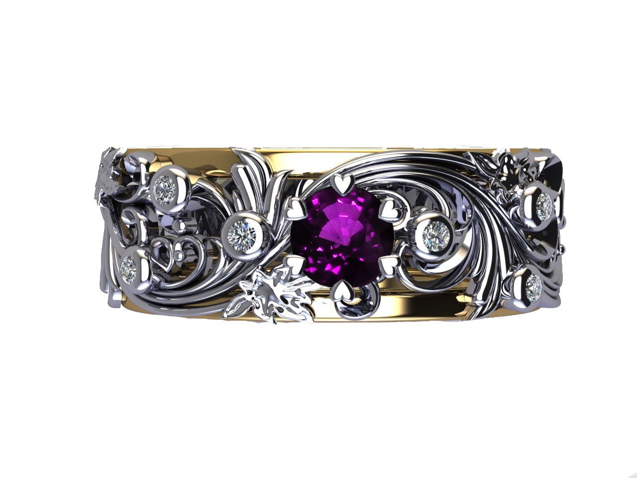 Diamond Floral Band Ring Purple Stone Wedding Band Amethyst Silver Edwardian Ring Accents Milgrain Band Engraved Ring Flower Band, Leaf Ring