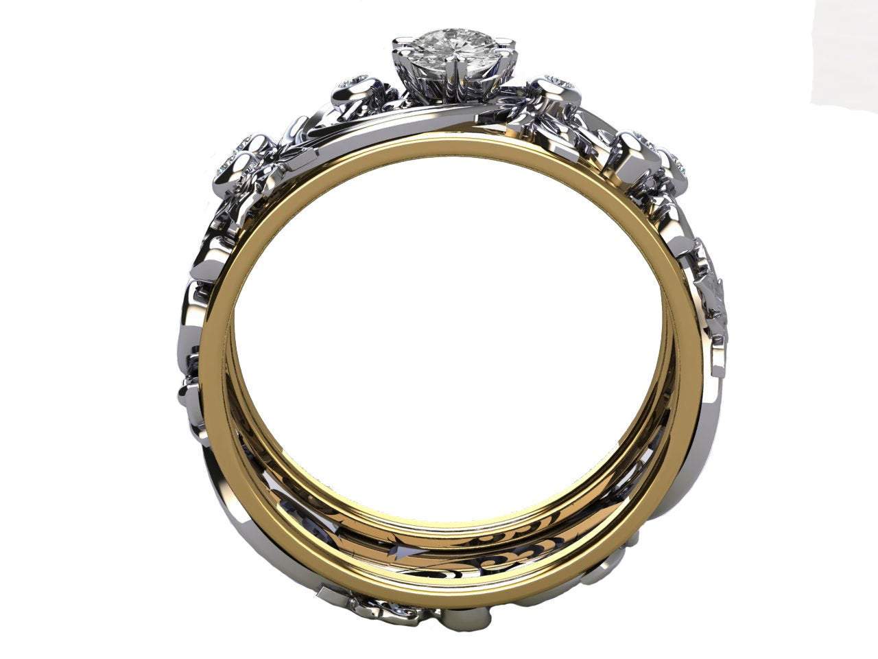 Silver Leaves Band, Floral Band, Wedding Band Silver ring, Avant Garde Ring, Natural Diamonds, Milgrain Band, Flower Band