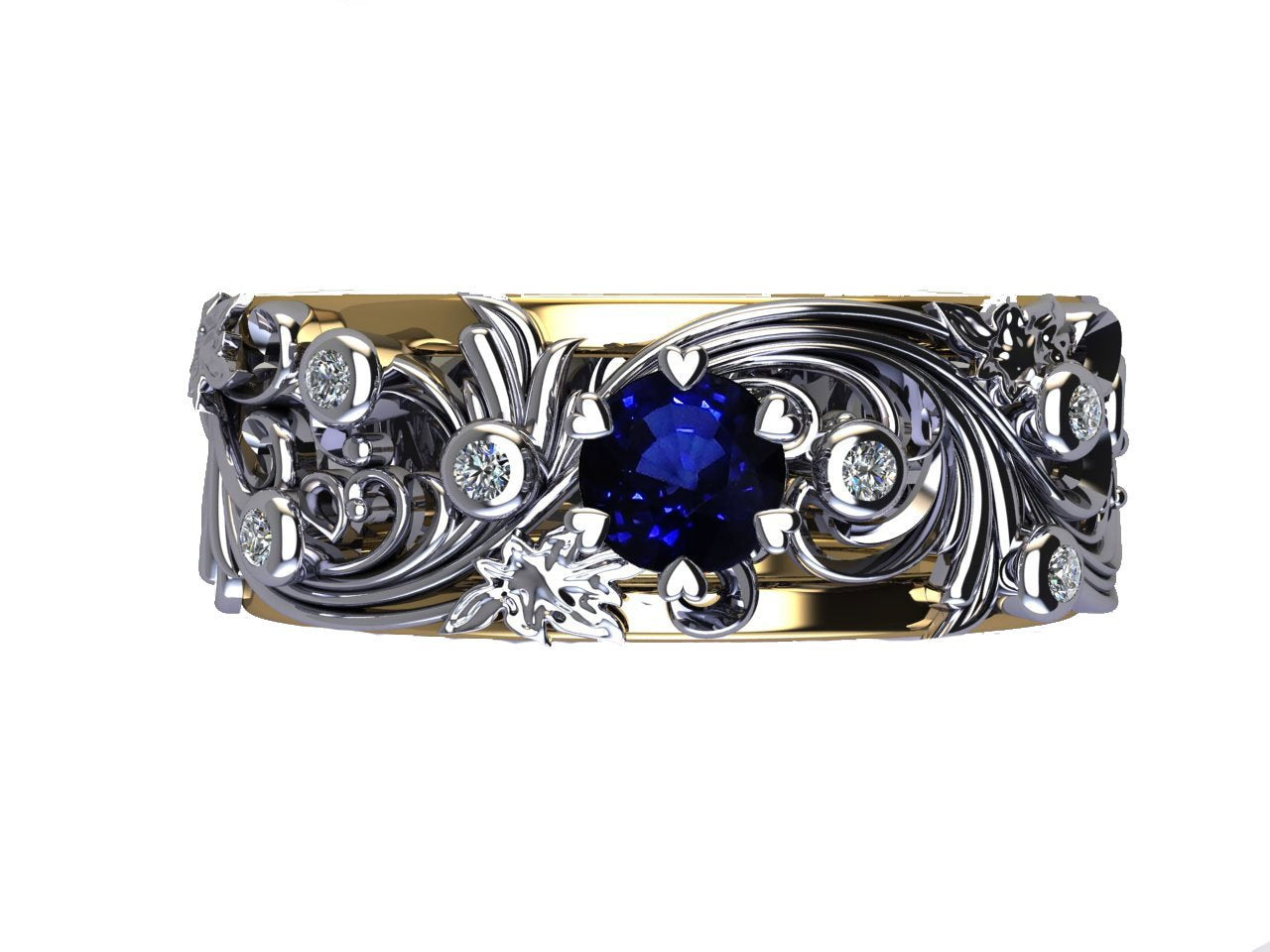Floral Band Ring Asian Blue stone Ring Silver Diamond Ring Milgrain Ring Celtic unique Ring Engraved Ring Flower Band Anniversary Band - Lianne Jewelry