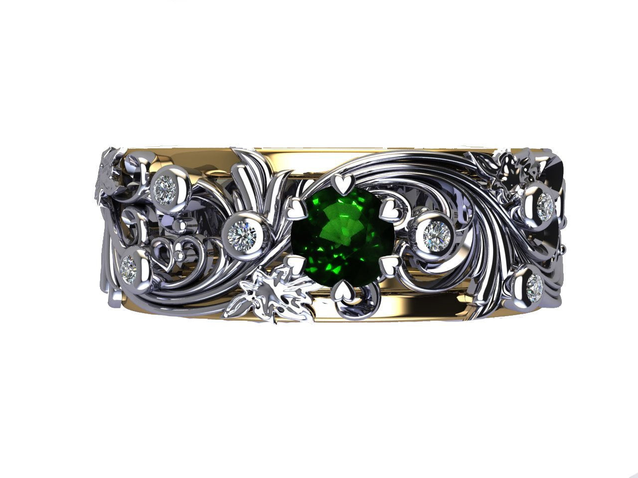 Floral Band Ring Asian Green stone Ring Silver Diamond Ring Milgrain Ring Celtic unique Ring Engraved Ring Flower Band Anniversary Band - Lianne Jewelry