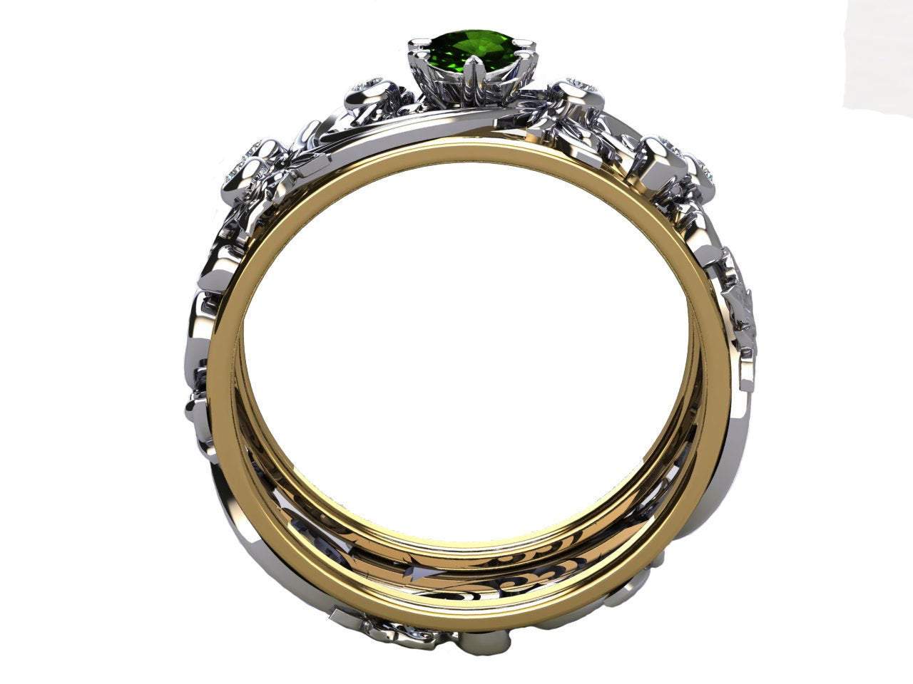 Emerald Floral Band Ring Asian Green stone Ring Silver Diamond Ring Milgrain Ring Celtic unique Ring Engraved Ring Flower Band