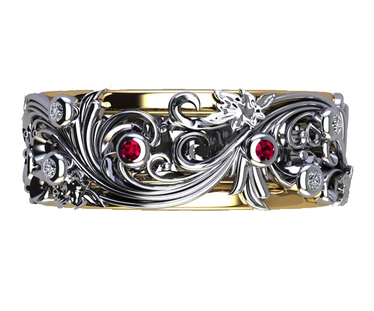 Ruby and Diamond Floral Band Red Stones Wedding Band Silver Edwardian Ring Red Rubies and Accents Milgrain Band Engraved Band Leaf Ring