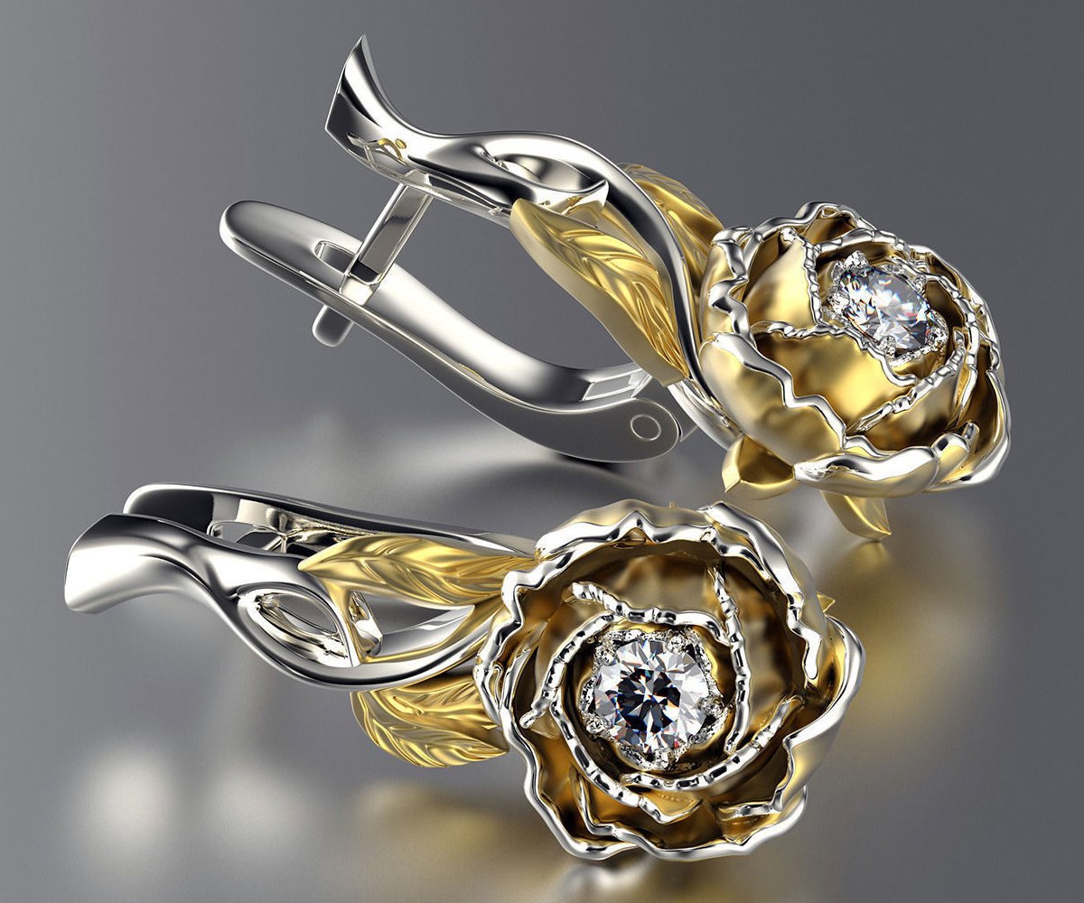 14K Leaves Earrings, Flower Earrings with Diamonds, Floral Leverback Earrings Filigree Earrings Milgrain Earrings - Lianne Jewelry