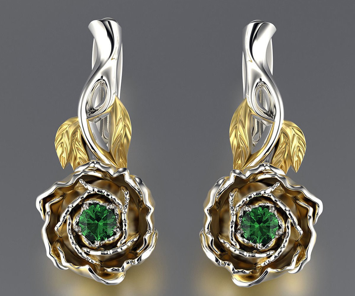 Floral Studs Green Stud Earrings Woman Gift Leverback 2 Tone Flower Earrings Filigree Earrings Milgrain Earrings for Her 14K Gold White gold