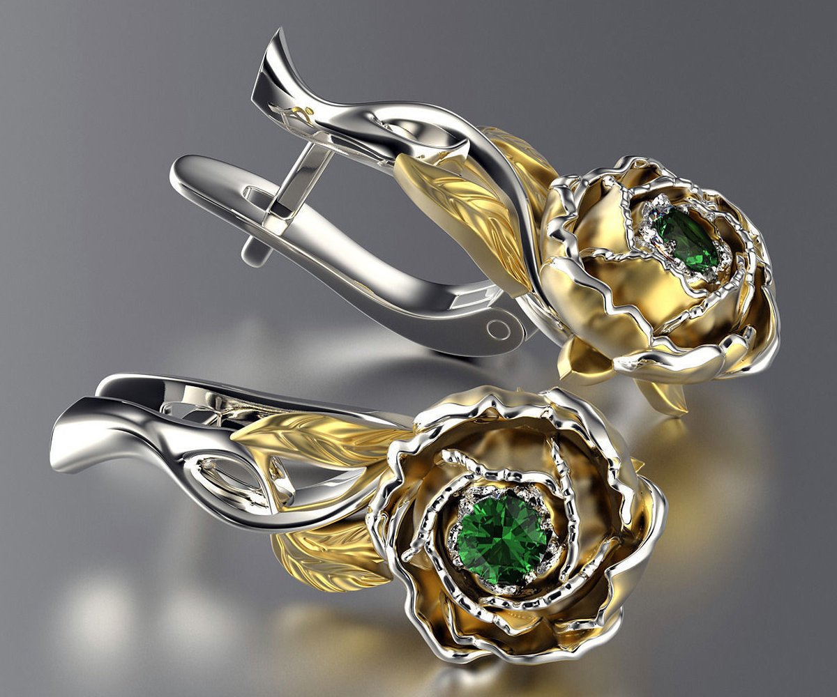 Floral Studs Green Stud Earrings Woman Gift Leverback 2 Tone Flower Earrings Filigree Earrings Milgrain Earrings for Her 14K Gold White gold