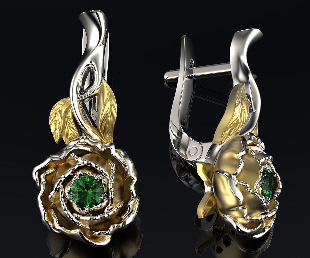 Floral Studs Green Stud Earrings Woman Gift Leverback 2 Tone Flower Earrings Filigree Earrings Milgrain Earrings for Her 14K Gold White gold