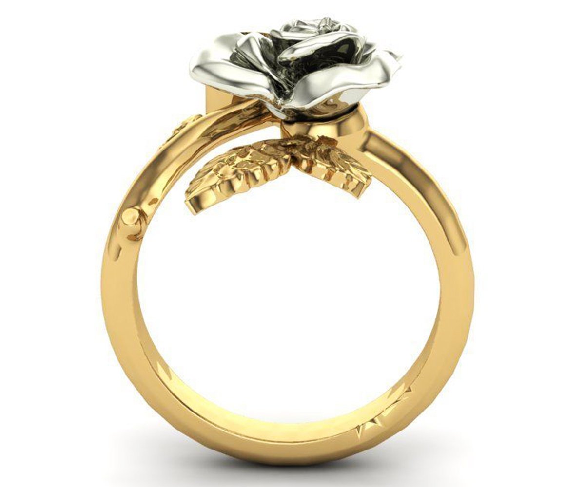 Rose Engagement Ring, Rose Leaf Ring, Unique Floral Engagement Ring, 2 Tone Ring, Gold Ring Flower, Floral Engagement Ring White Gold
