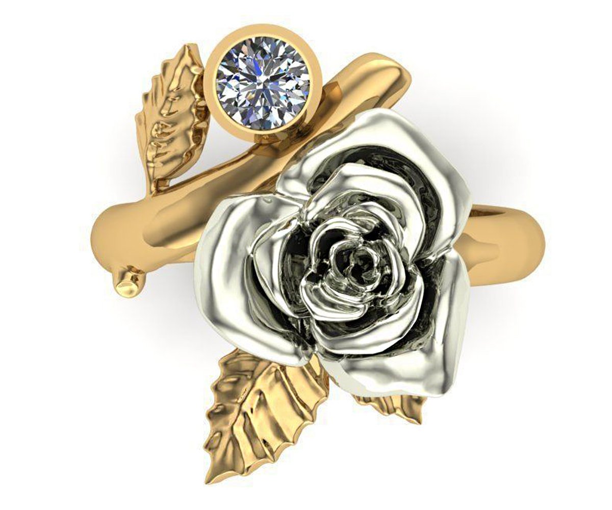 Rose Engagement Ring, Rose Leaf Ring, Unique Floral Engagement Ring, 2 Tone Ring, Gold Ring Flower, Floral Engagement Ring White Gold