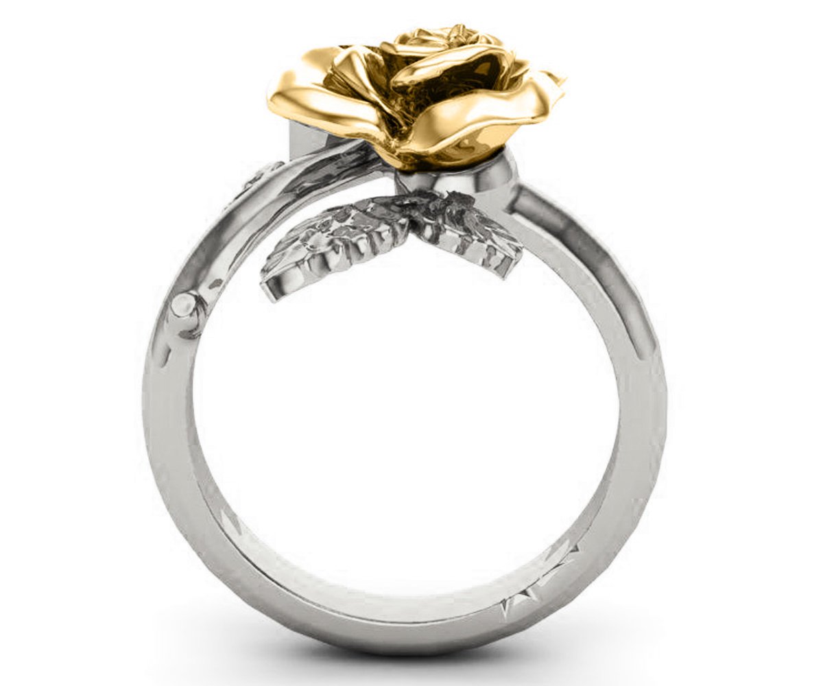 Unique BIG Flower Engagement Ring 2 Tone Rose Flower Leaves Ring Art nouveau Promise Ring Floral ring Birthday Gift For Her in 18K Gold