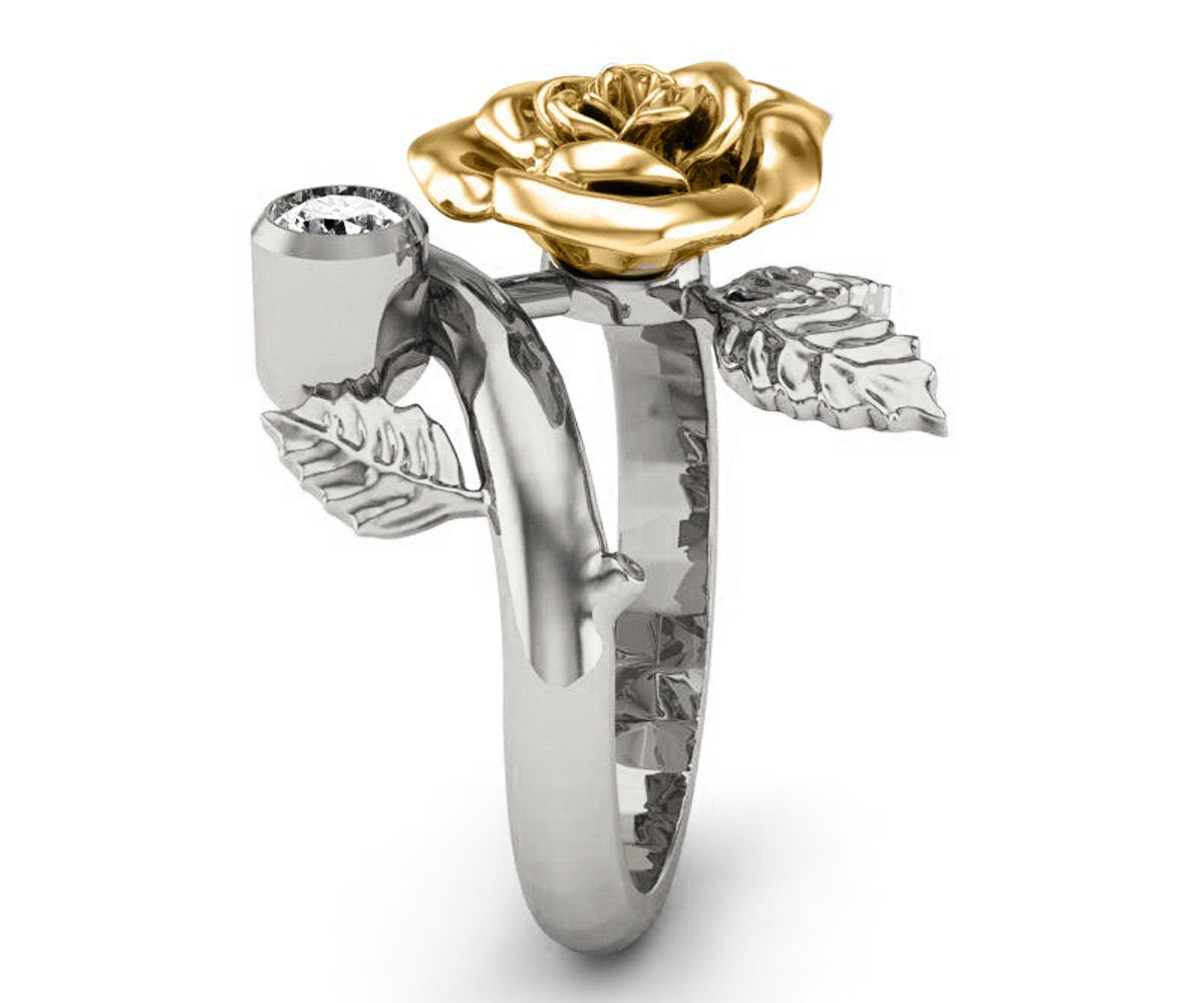 Unique BIG Flower Engagement Ring 2 Tone Rose Flower Leaves Ring Art nouveau Promise Ring Floral ring Birthday Gift For Her in 18K Gold