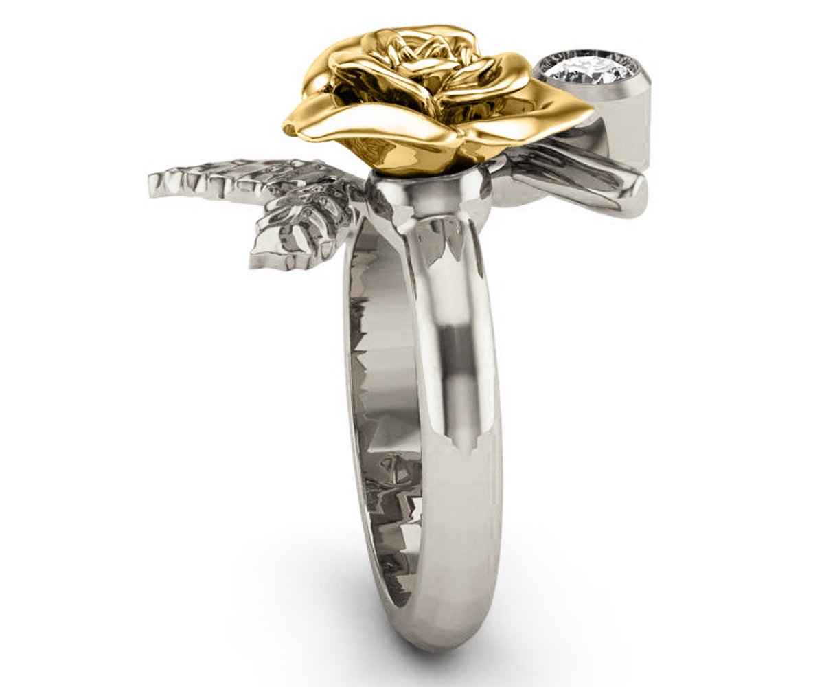 Unique BIG Flower Engagement Ring 2 Tone Rose Flower Leaves Ring Art nouveau Promise Ring Floral ring Birthday Gift For Her in 18K Gold