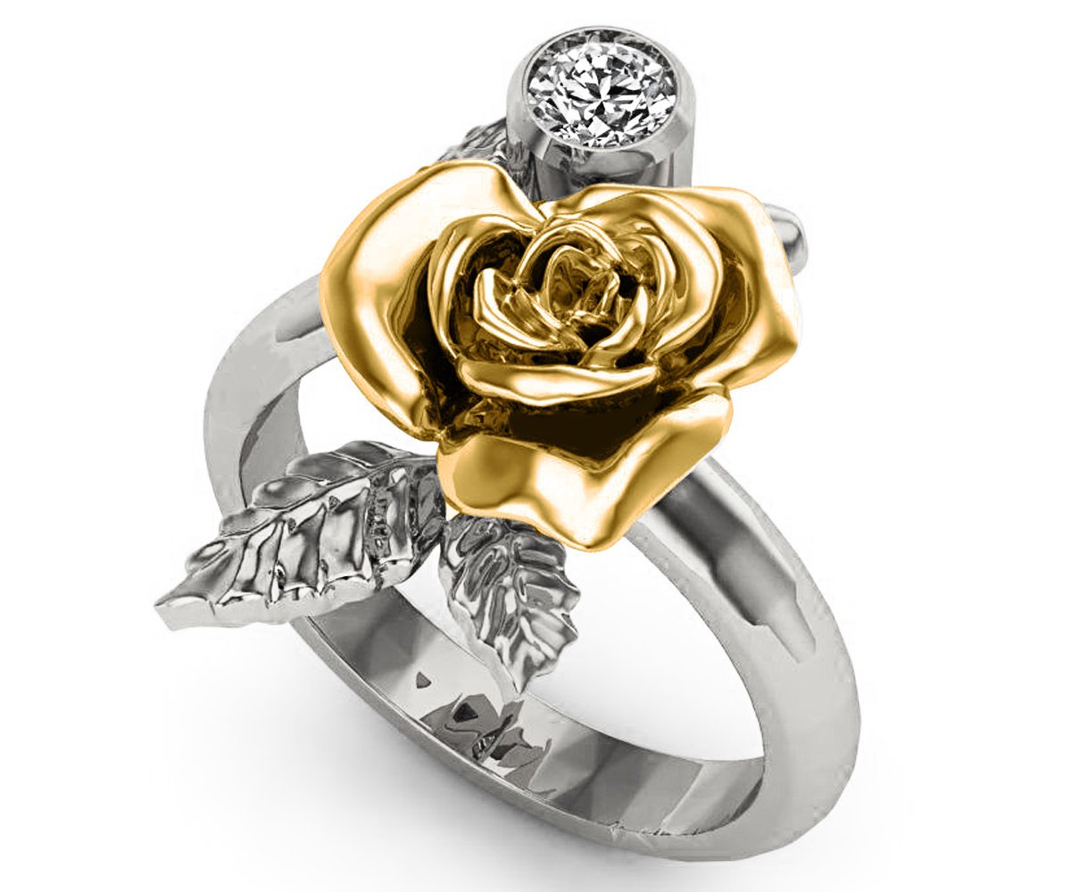 Unique BIG Flower Engagement Ring 2 Tone Rose Flower Leaves Ring Art nouveau Promise Ring Floral ring Birthday Gift For Her in 18K Gold