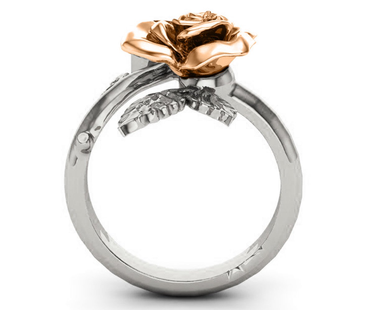 Leaves Engagement Ring Rose Flower Ring 2 Tone Leaves Ring Promise Ring Unique Engagement Ring Floral ring Birthday Gift For Her in 18K Gold