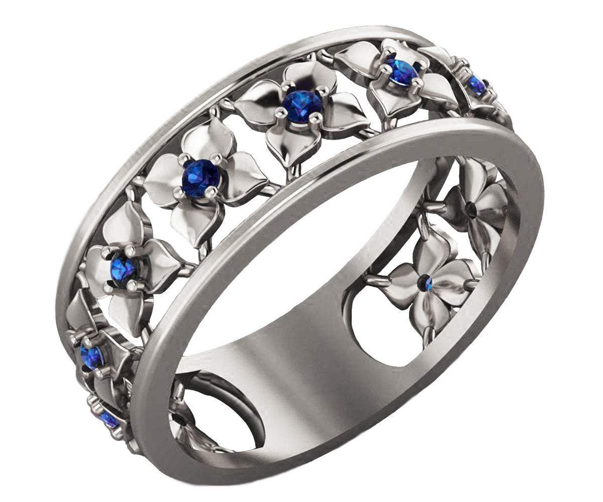 Plumeria Ring 11th Anniversary Ring, Leaves ring, Blue Flower, White Gold Eternity Wedding band, Filigree band, Love Ring, Blue Floral Jewel