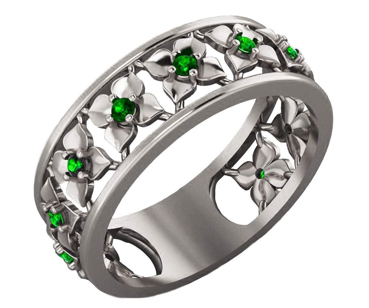 Plumeria Ring White Gold Green Flower Eternity Wedding band Ring Leaf ring Filigree band Friendship Green Floral Jewelry Width 6.9 mm