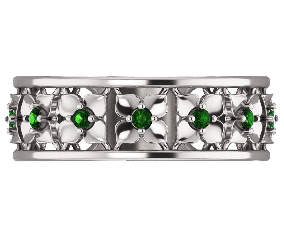 Plumeria Ring White Gold Green Flower Eternity Wedding band Ring Leaf ring Filigree band Friendship Green Floral Jewelry Width 6.9 mm - Lianne Jewelry