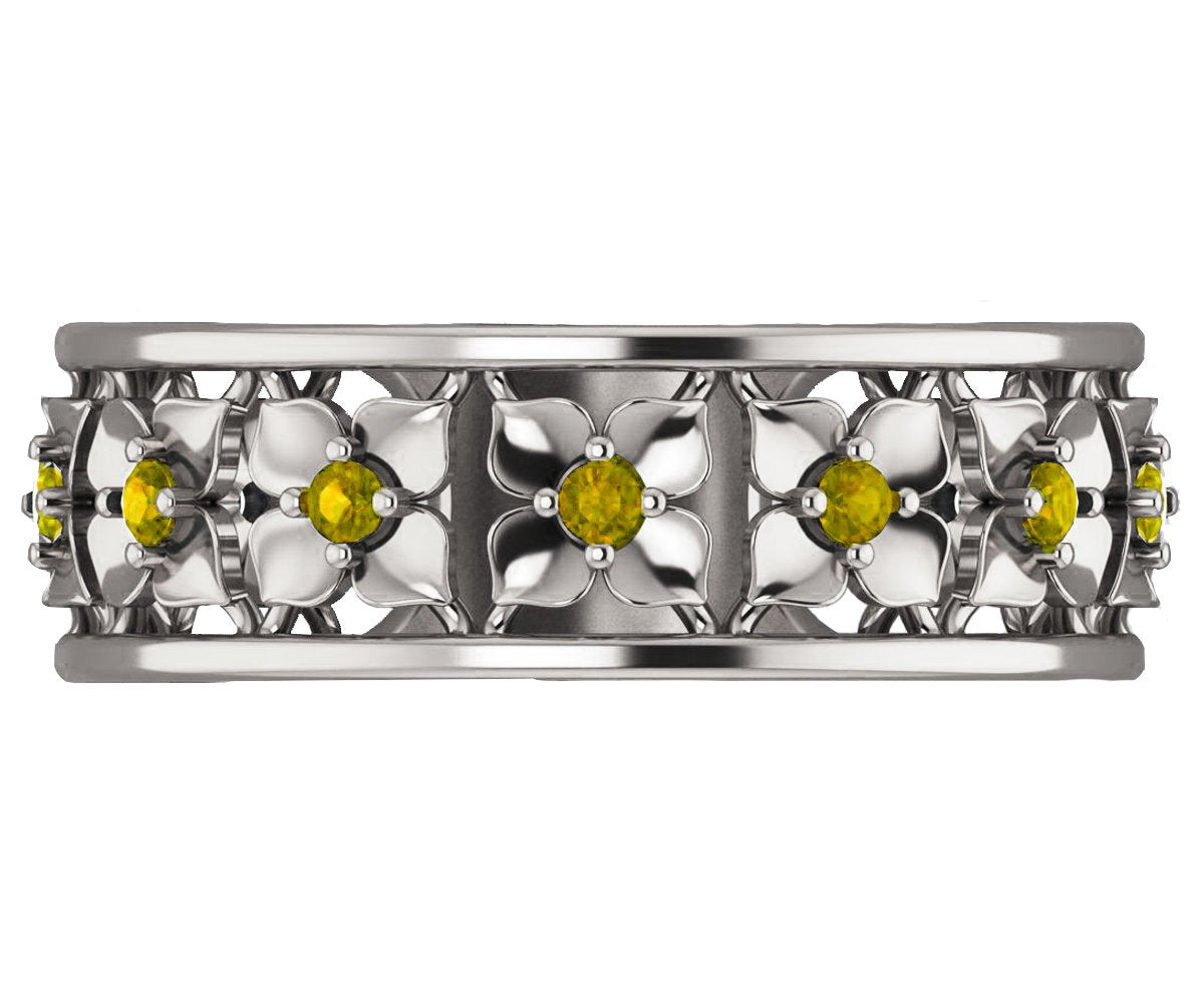 White Gold Yellow Flower Eternity Wedding band Ring Leaf ring Filigree band Friendship Yellow Floral Jewelry Yellow Sapphires Wedding gift - Lianne Jewelry