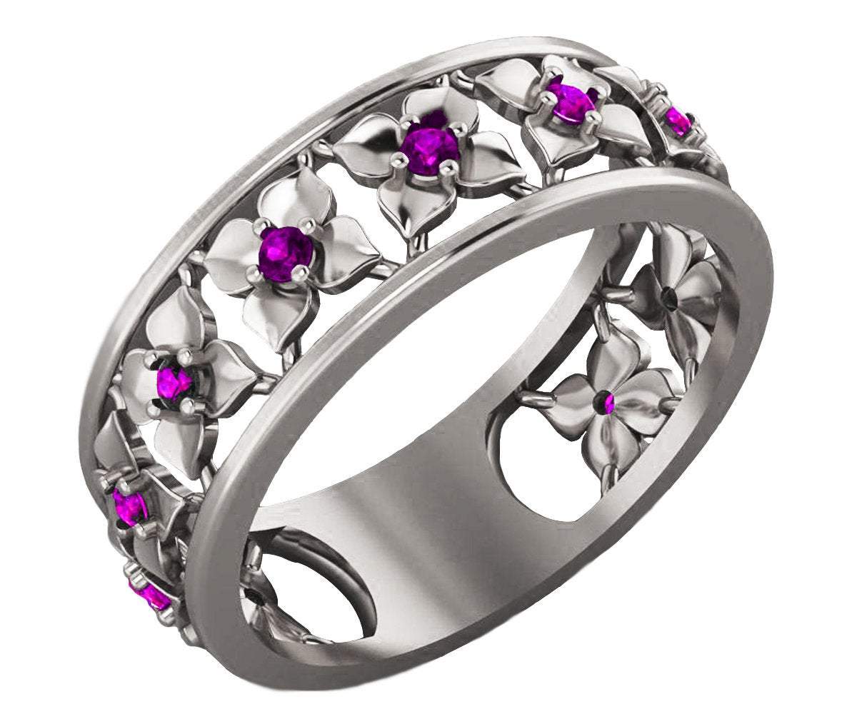 Amethyst Flower Band, Purple Band, Botanical Band, Gold Floral Band Ring, White Gold Floral Wedding Band, Cute Flower Rings