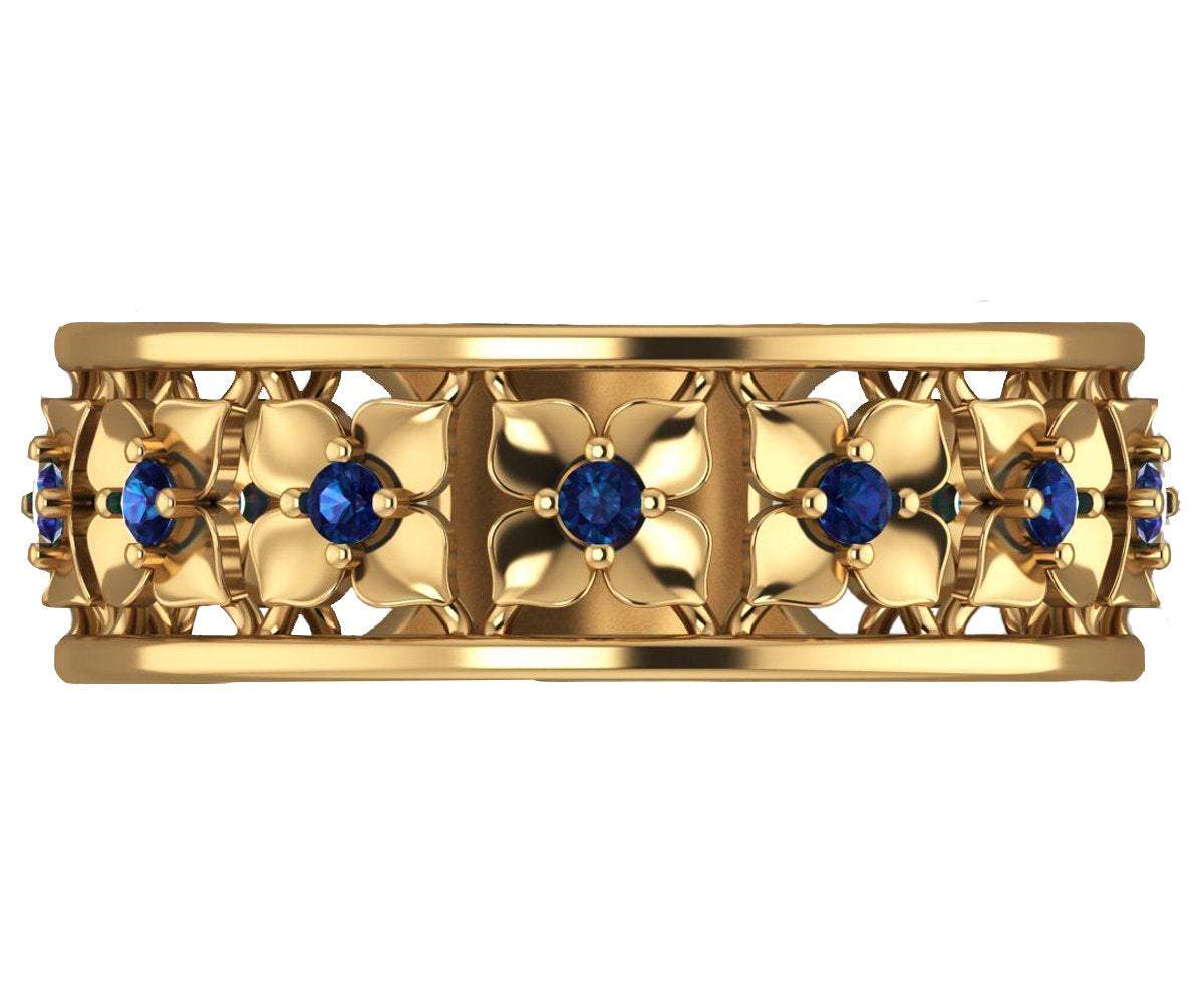Sapphire Flower Wedding Band, Eternity Ring, Anniversary Band, Filigree band, Friendship Ring, 11th Birthday Ring, Width 6.9 mm - Lianne Jewelry