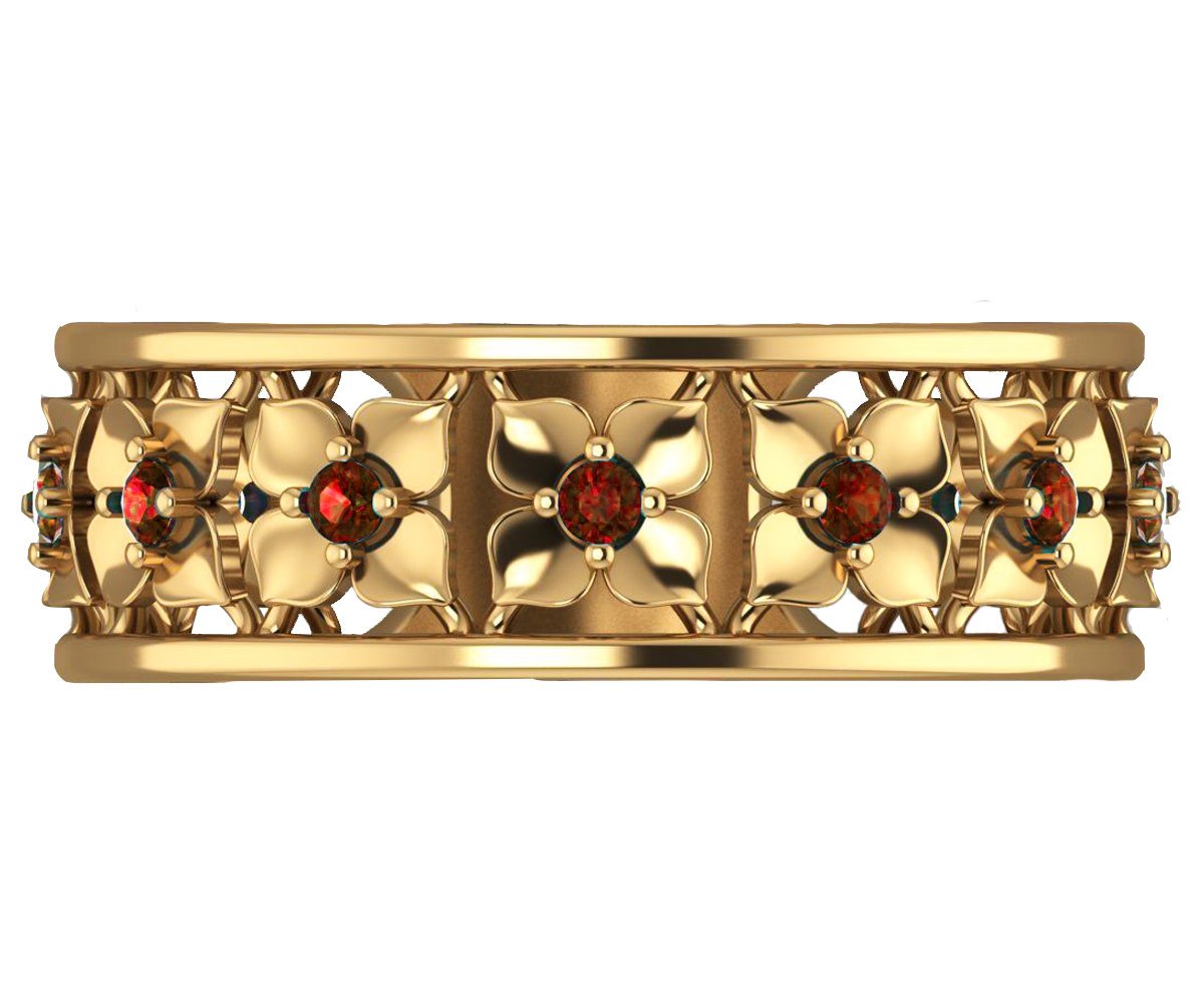 Yellow Gold Red Flower Eternity Wedding band Ring Leaf ring Filigree band Friendship Red Floral Jewelry Width 6.9 mm - Lianne Jewelry