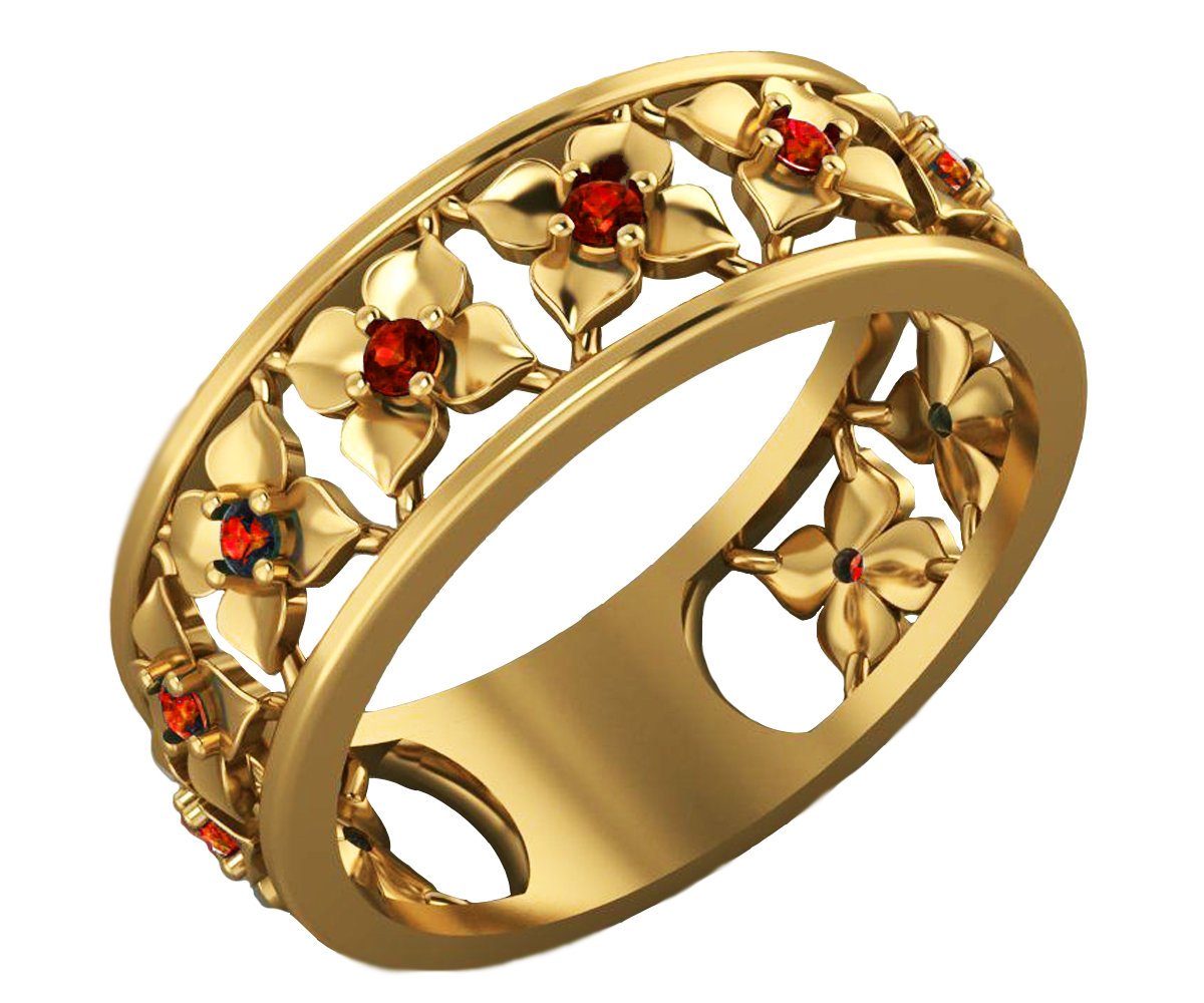 Yellow Gold Red Flower Eternity Wedding band Ring Leaf ring Filigree band Friendship Red Floral Jewelry Width 6.9 mm