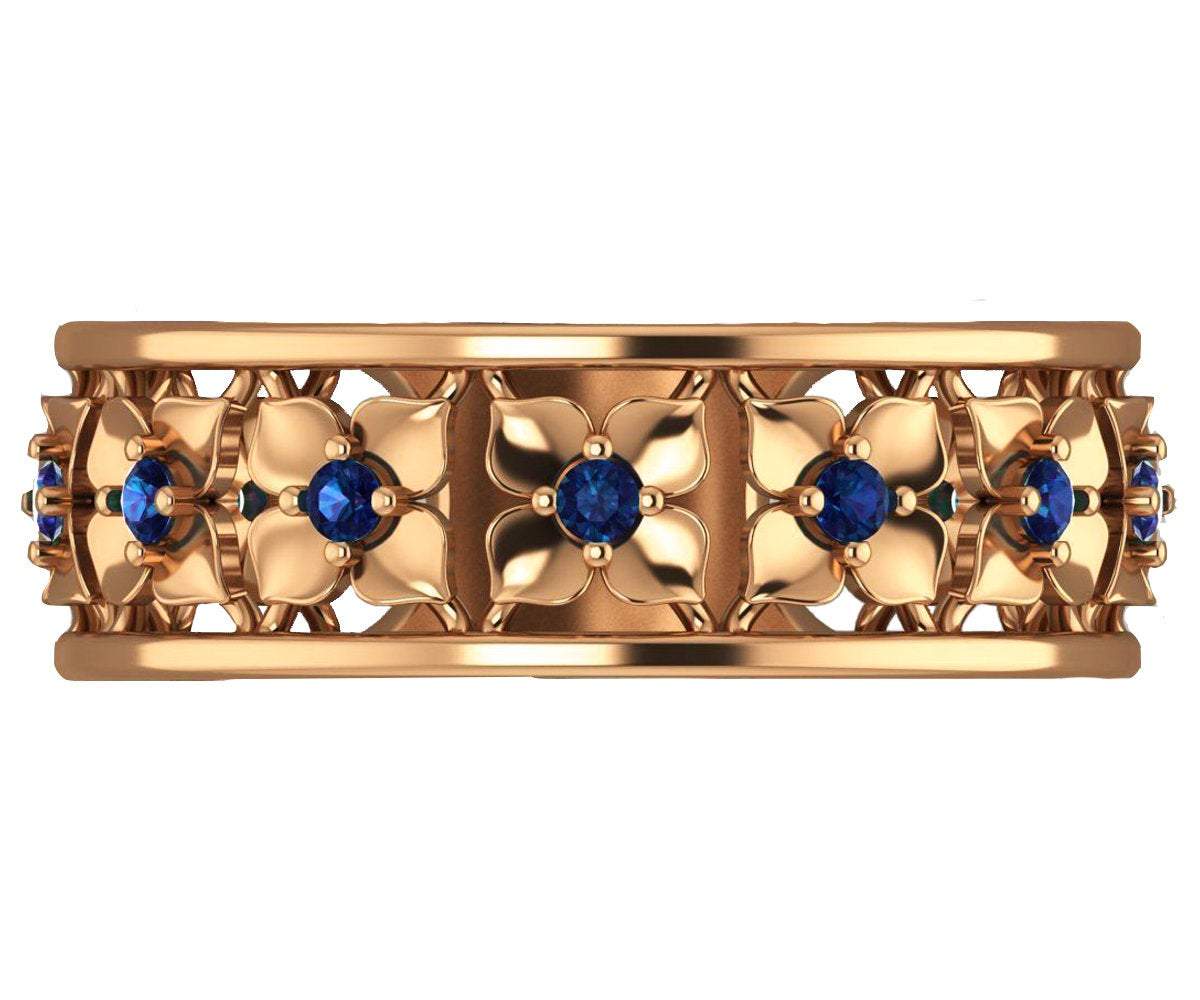 Plumeria Ring Rose Gold Blue Flower Eternity Wedding band Ring Leaf ring Blue Floral Jewelry 11th Blue Sapphires Width 6.9 mm - Lianne Jewelry